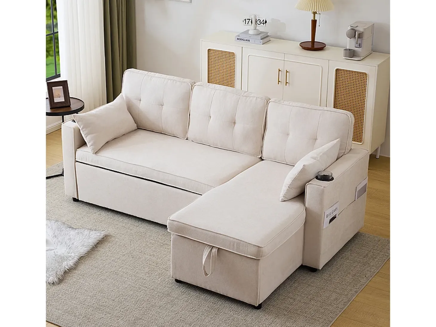 Sofás con función de dormir, sofás en forma de L, muebles tapizados, sofás, tumbonas con portavasos,Beige