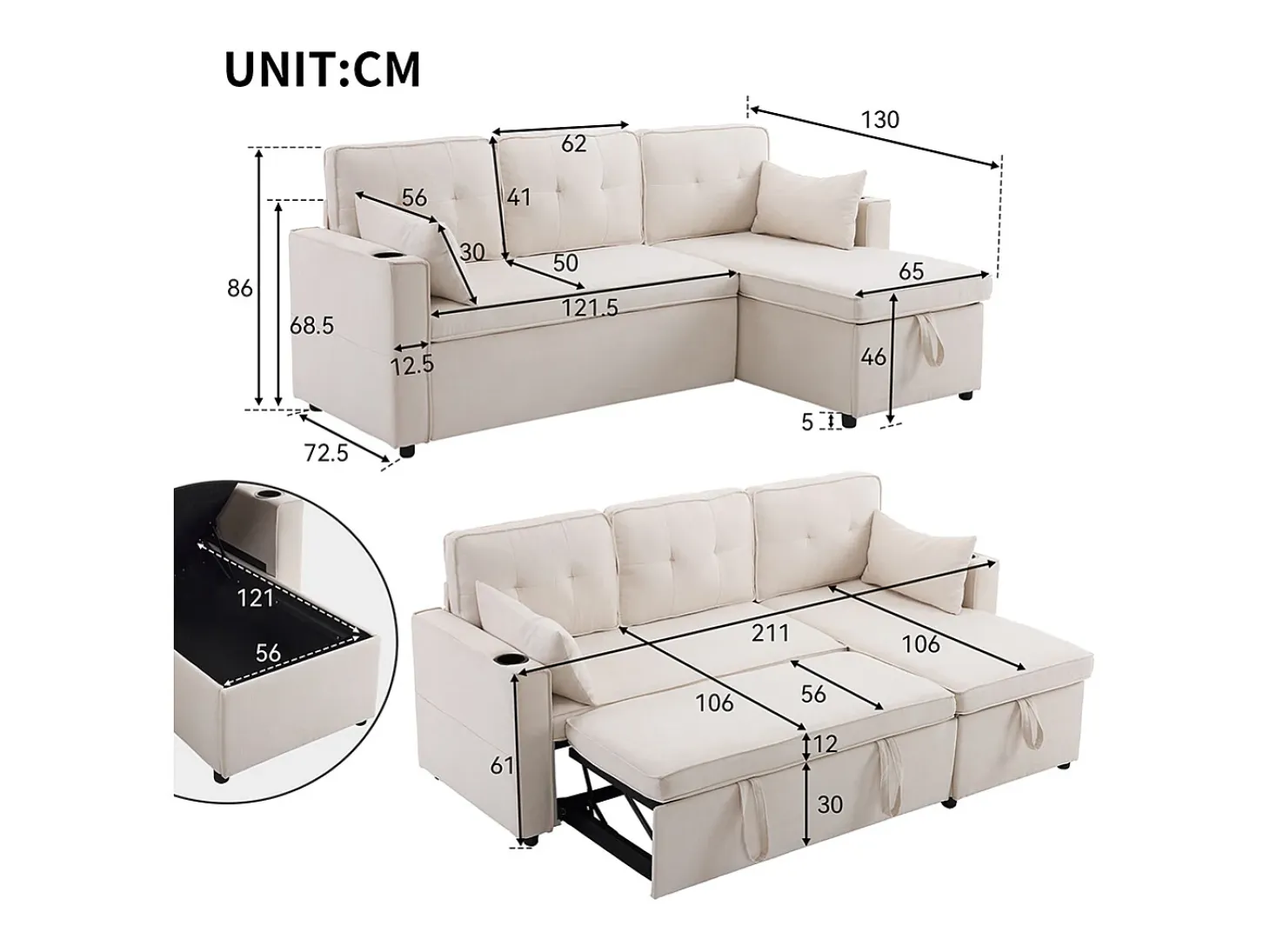 Sofás con función de dormir, sofás en forma de L, muebles tapizados, sofás, tumbonas con portavasos,Beige