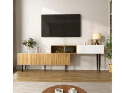 Soporte de TV modular 2 en 1, longitud ajustable, MDF y tablero de partículas, blanco mate con efecto madera, patas de metal negro (240 x 30 x 63,5 cm)