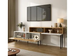Soporte de TV modular 2 en 1, longitud ajustable, MDF y tablero de partículas, blanco mate con efecto madera, patas de metal negro (240 x 30 x 63,5 cm)