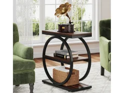 Tabla de apoyo estrecha de 3 niveles, Mesa de salón de madera con marco de metal negro, Mesa baja industrial para sofá