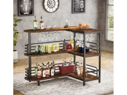 Tabla de bar en forma de L, Tabla de licor de 3 niveles de bistro con estantería para vinos y soporte para vasos de vino, Marrón rústico