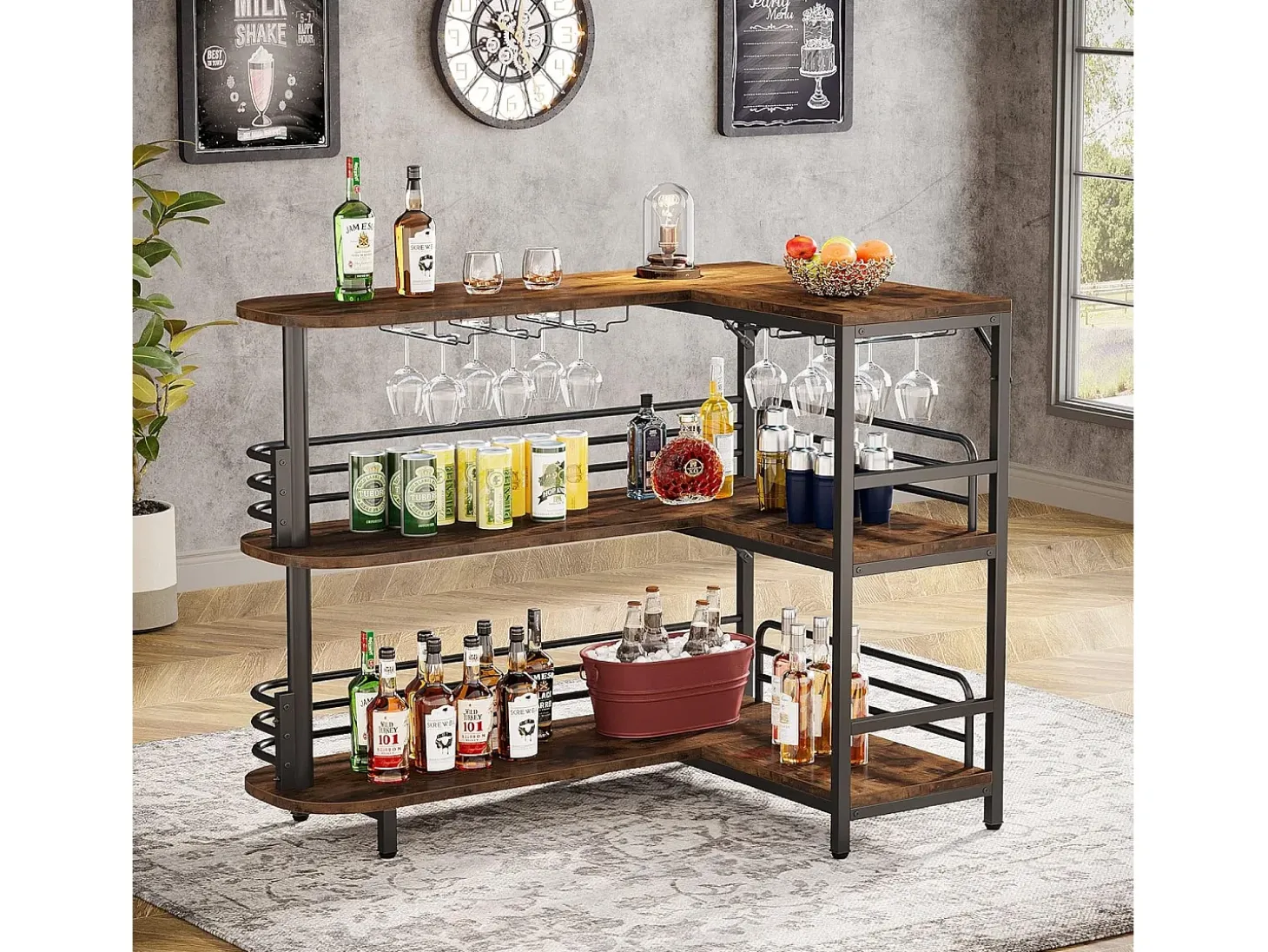 Tabla de bar en forma de L, Tabla de licor de 3 niveles de bistro con estantería para vinos y soporte para vasos de vino, Marrón rústico