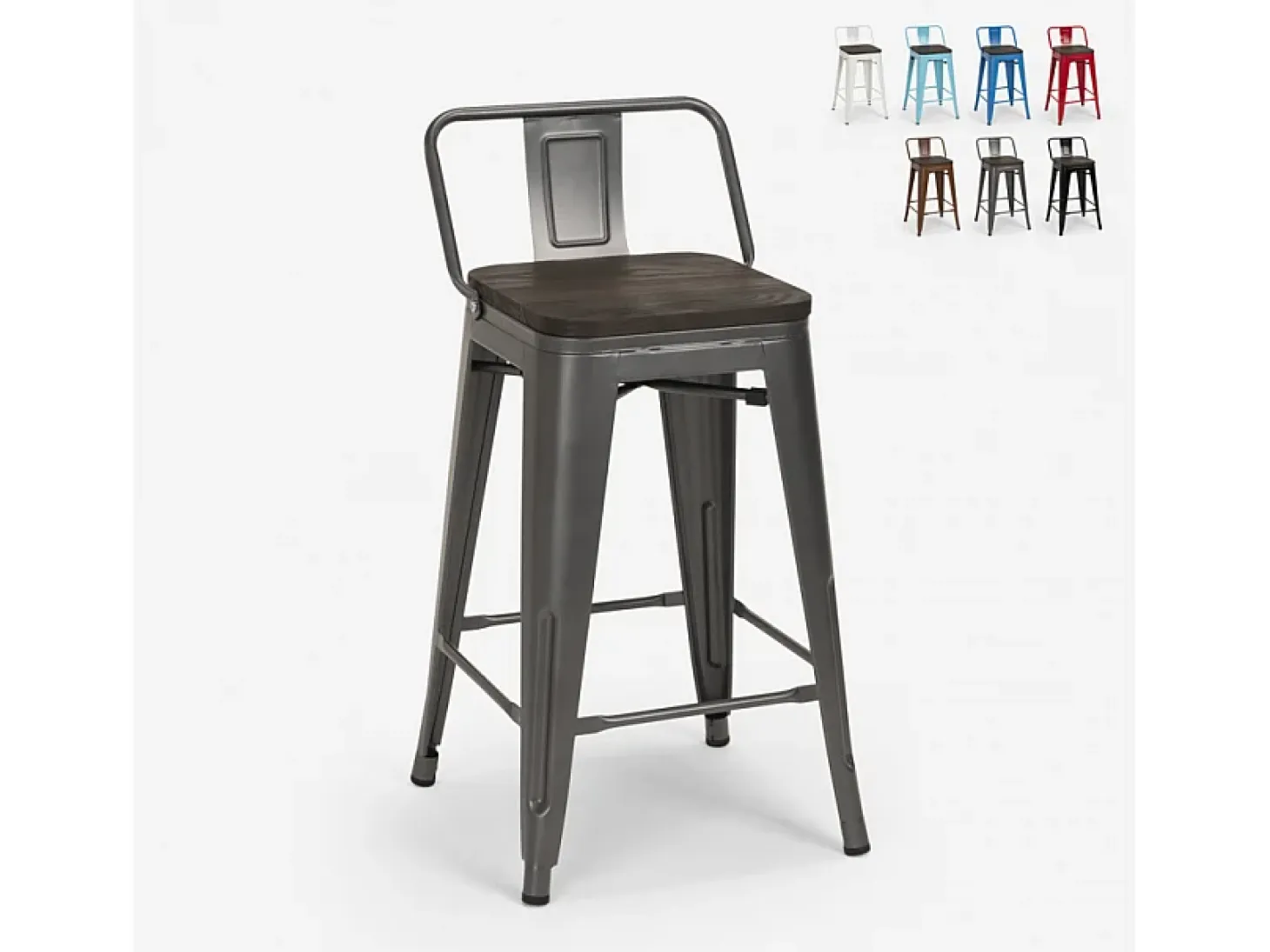 taburete alto de diseño industrial de metal y madera, para barra y cocina steel wood top - Gris Oscuro