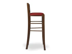 Taburete de 80 cm de altura en madera de nogal oscuro con asa y asiento acolchado en símil piel roja.