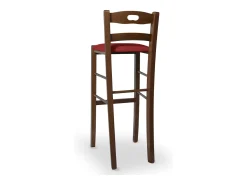 Taburete de 80 cm de altura en madera de nogal oscuro con asa y asiento acolchado en símil piel roja.