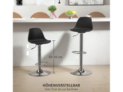 Taburete de bar con respaldo, regulable en altura, patas de metal, piel sintética, color negro (42x38x82-104 cm)
