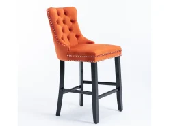 Taburete de bar contemporáneo, tapizado, madera maciza, base de madera, remaches cromados, terciopelo, naranja (60x50x103 cm)