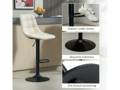 Taburete de bar de 2 piezas, asiento tapizado con respaldo, estructura de acero, tejido chenilla, con reposapiés y rotación de 360°, beige (53x47x117 cm)