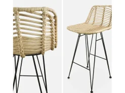 Taburete de bar de metal y ratán, set de 2 beige