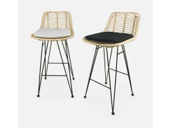 Taburete de bar de metal y ratán, set de 2 beige