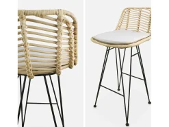 Taburete de bar de metal y ratán, set de 2 beige
