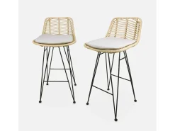 Taburete de bar de metal y ratán, set de 2 beige