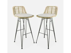 Taburete de bar de metal y ratán, set de 2 beige