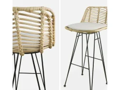 Taburete de bar de metal y ratán, set de 2 beige