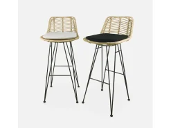 Taburete de bar de metal y ratán, set de 2 beige