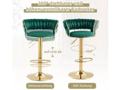 Taburete de bar giratorio de 360°, diseño moderno, terciopelo, estructura dorada, juego de 2, altura ajustable (54 x 48 x 78-97 cm)