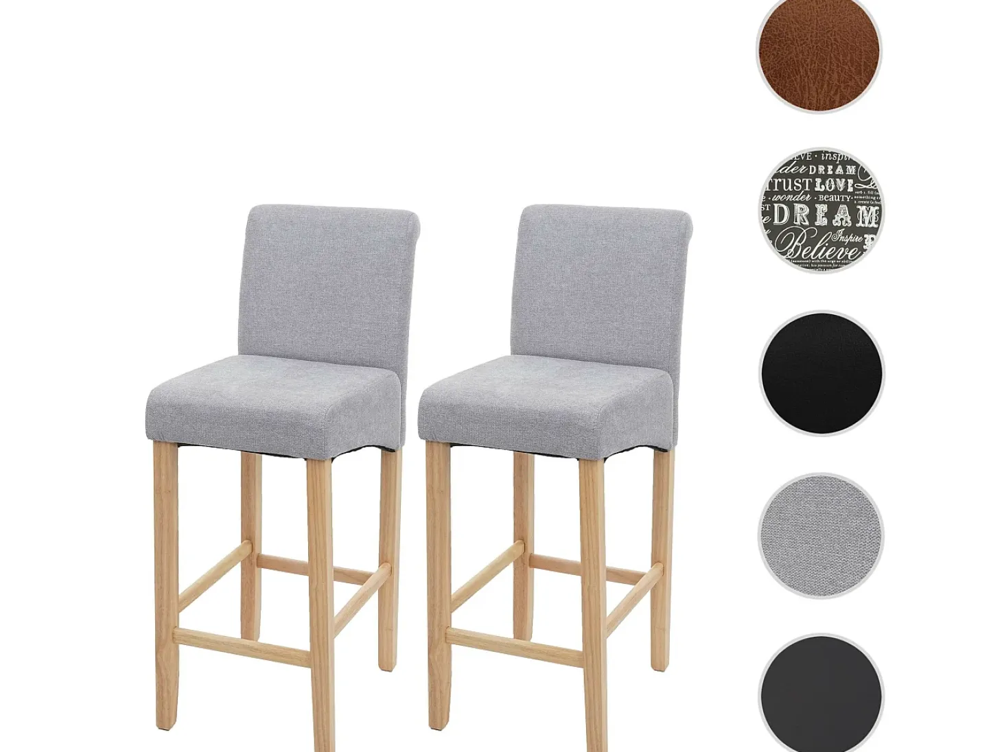 Taburete de bar MCW-C33 (juego de 2), gris claro, patas claras, tela/textil