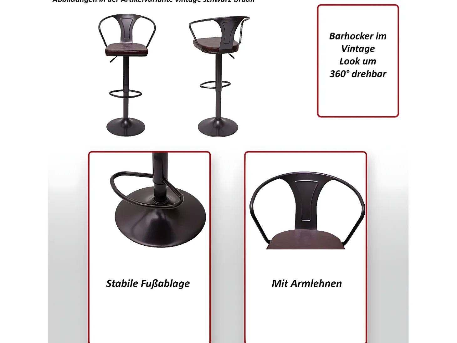 Taburete de bar MCW-H10b (juego de 2), vintage negro-crema