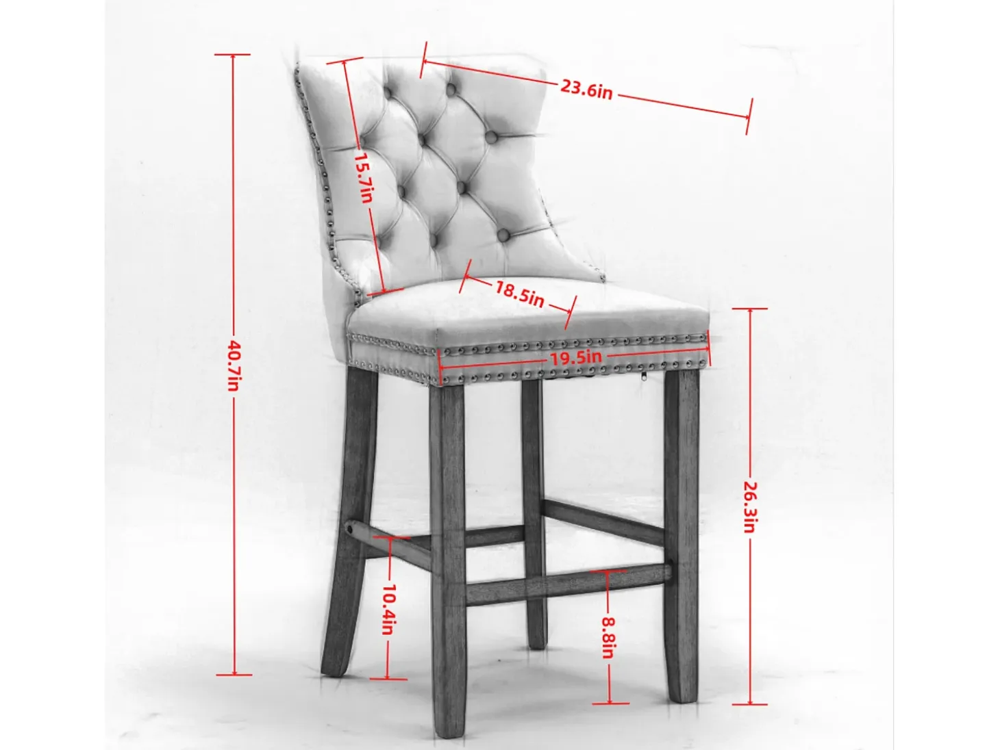 Taburete de bar moderno de terciopelo, patas de madera maciza, tachuelas cromadas, gris (60x50x66 cm)