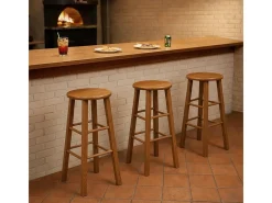 Taburete de madera con asiento redondo h 80 cm patas rectas nogal claro