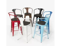 taburete de metal y madera con respaldo de diseño industrial estilo steel wood back - Negro