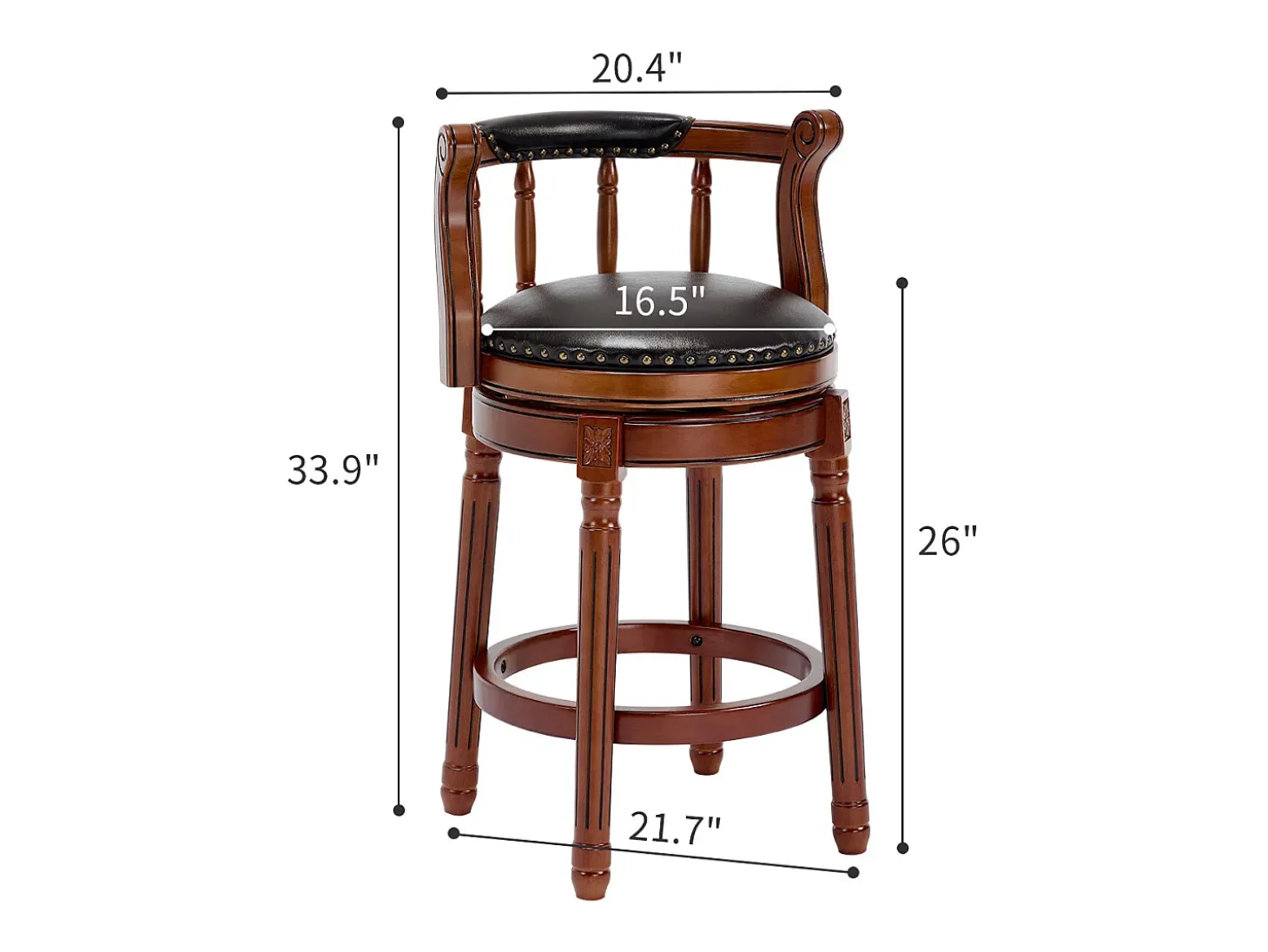 Taburete giratorio de bar - Asiento de cuero negro - Color nogal 54,8 x 54,8 x 66 cm