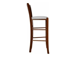 Taburete Verona en madera de nogal oscuro, altura 73 cm, con asiento acolchado gris claro.