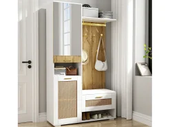 Taquilla con iluminación LED, espejo, 3 puertas, 6 ganchos dorados y banco - Blanca y madera