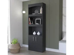 TUHOME Biblioteca Durango, Tres Estantes, Gabinete con Doble Puerta, Negro.