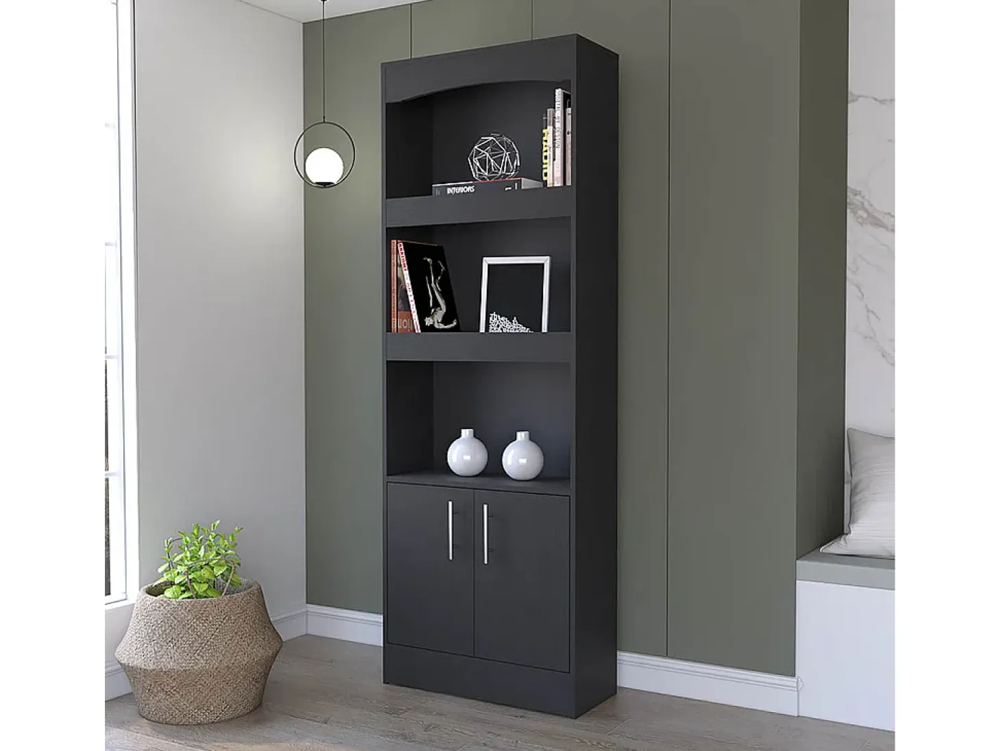 TUHOME Biblioteca Durango, Tres Estantes, Gabinete con Doble Puerta, Negro.