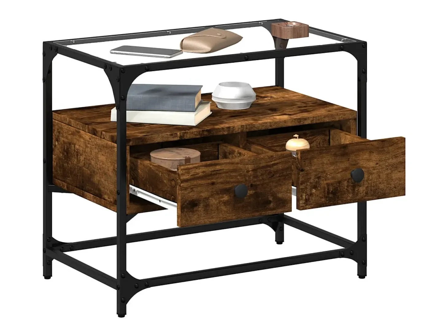 Varel Mueble TV cristal y madera ingeniería roble ahumado 60x35x51 cm