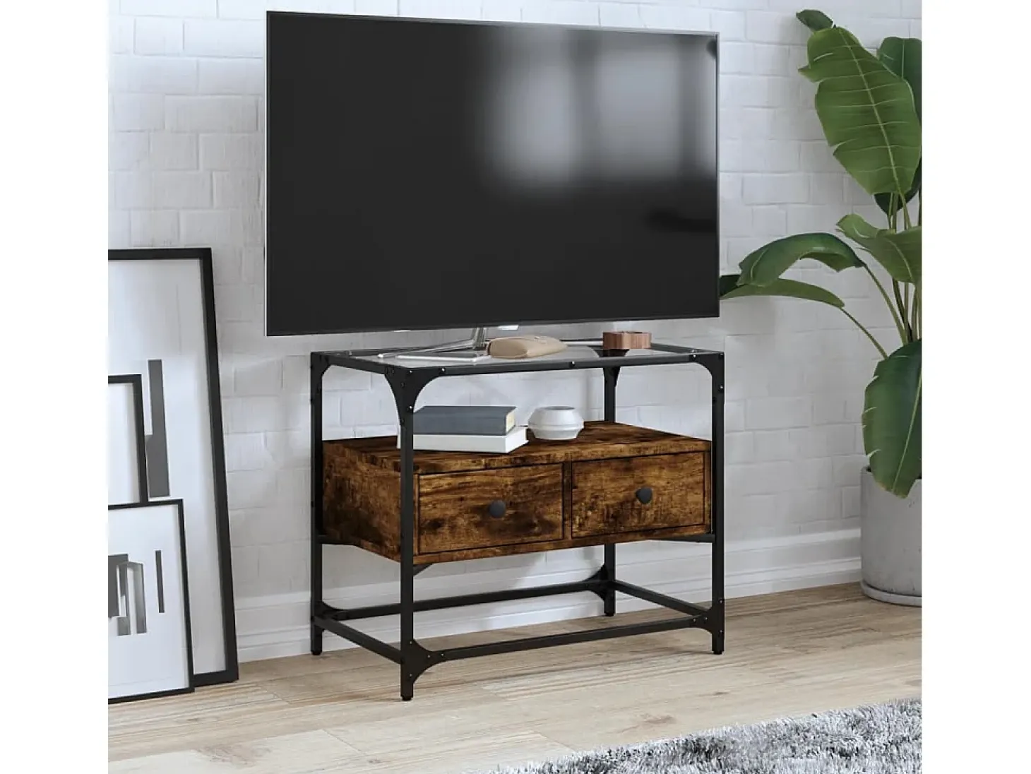 Varel Mueble TV cristal y madera ingeniería roble ahumado 60x35x51 cm
