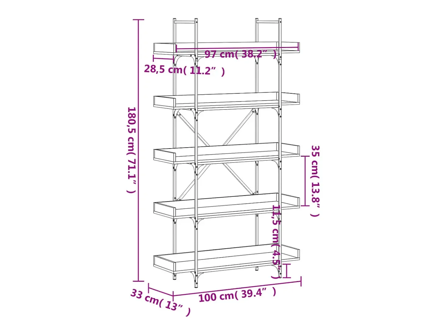 Vero Beach Librería 5 estantes madera ingeniería marrón 100x33x180,5 cm