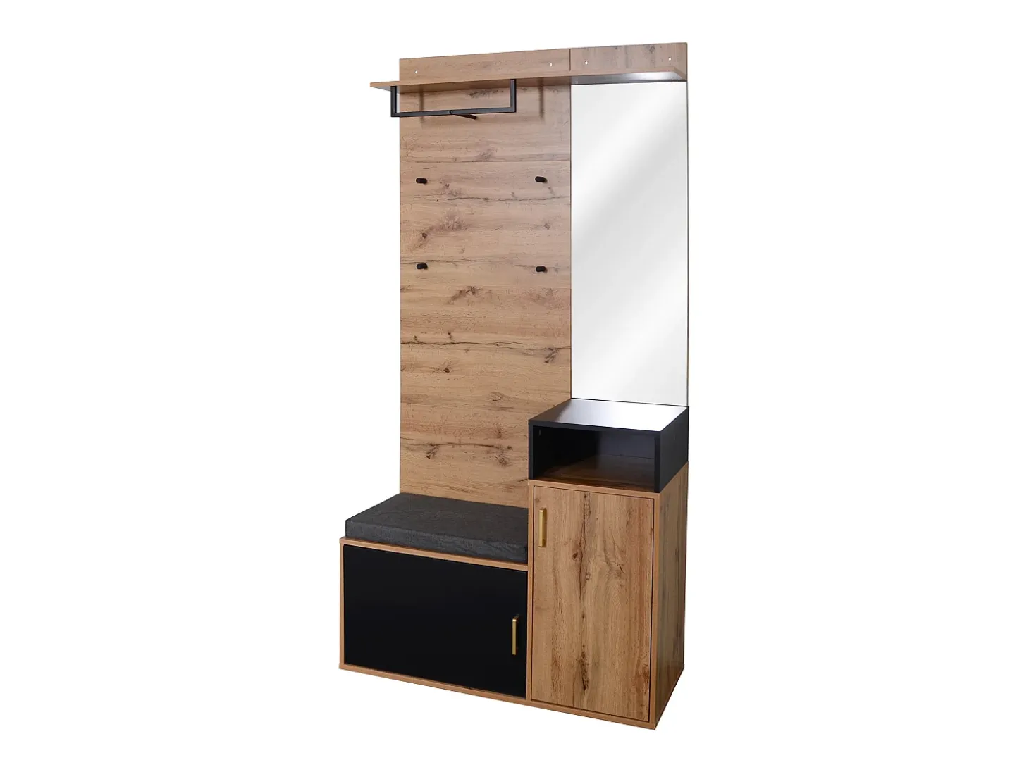 Vestíbulo con Espejo y Mueble para Zapatos - Natural y Negro - Espacioso y Elegante