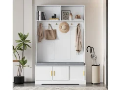 Vestíbulo moderno - con 6 ganchos y 3 puertas - con banco y estantes abiertos - Blanco