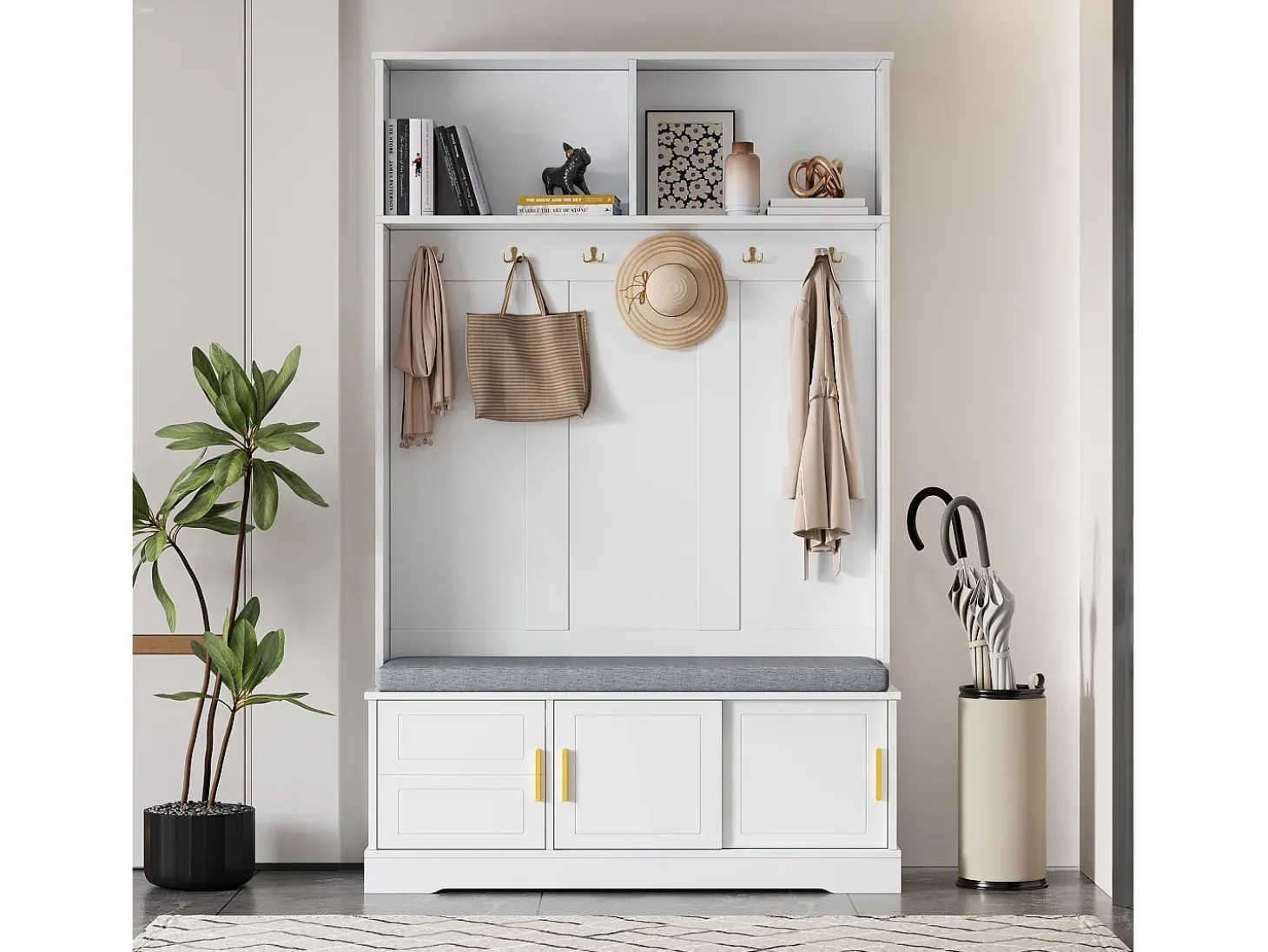Vestíbulo moderno - con 6 ganchos y 3 puertas - con banco y estantes abiertos - Blanco