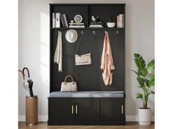Vestíbulo moderno - con 6 ganchos y 3 puertas - con banco y estantes abiertos - Negro