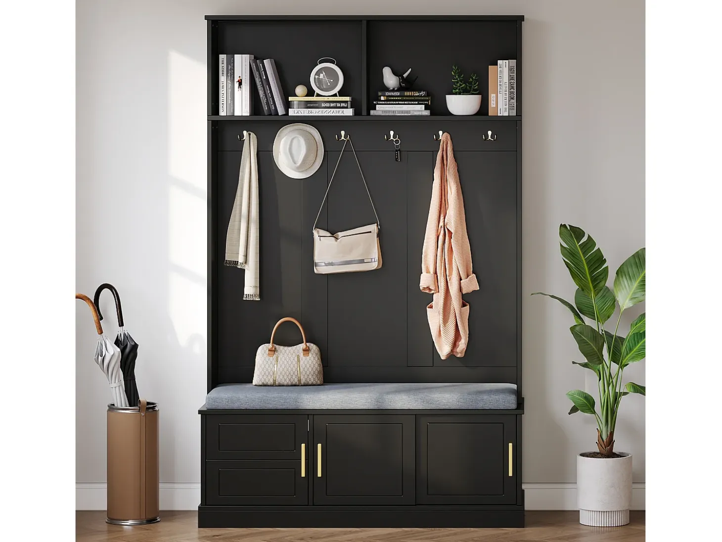 Vestíbulo moderno - con 6 ganchos y 3 puertas - con banco y estantes abiertos - Negro