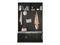 Vestíbulo moderno - con 6 ganchos y 3 puertas - con banco y estantes abiertos - Negro