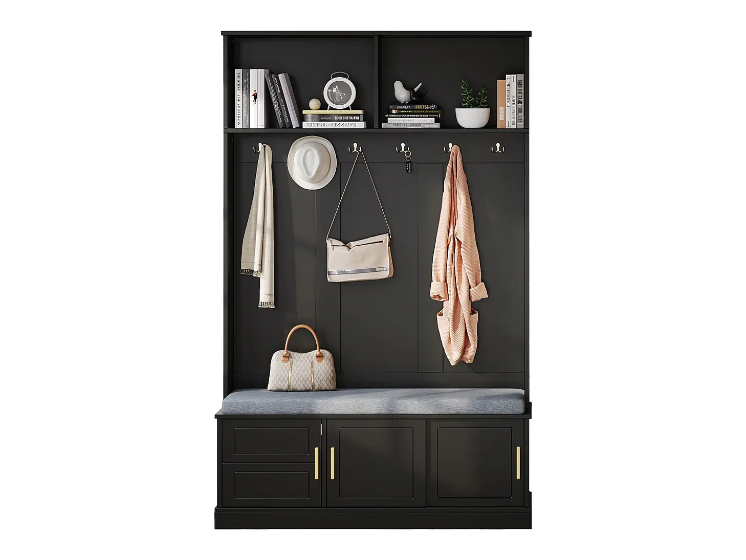 Vestíbulo moderno - con 6 ganchos y 3 puertas - con banco y estantes abiertos - Negro
