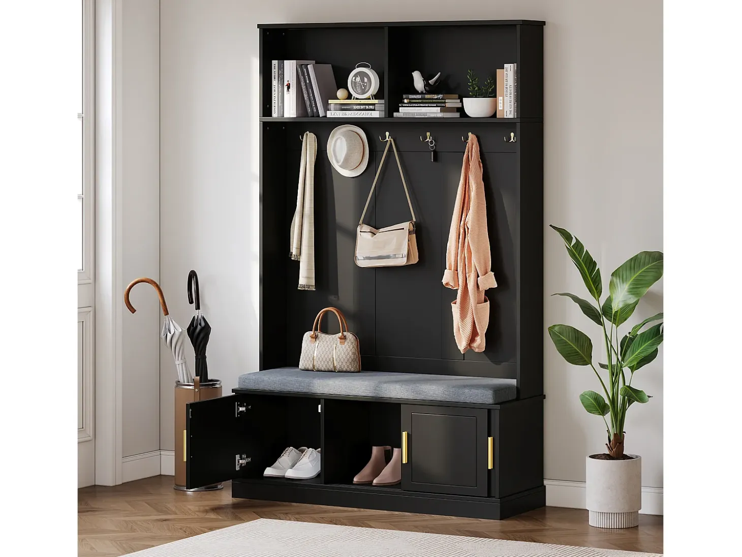 Vestíbulo moderno - con 6 ganchos y 3 puertas - con banco y estantes abiertos - Negro