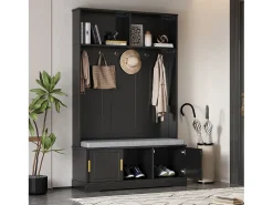 Vestíbulo moderno - con 6 ganchos y 3 puertas - con banco y estantes abiertos - Negro