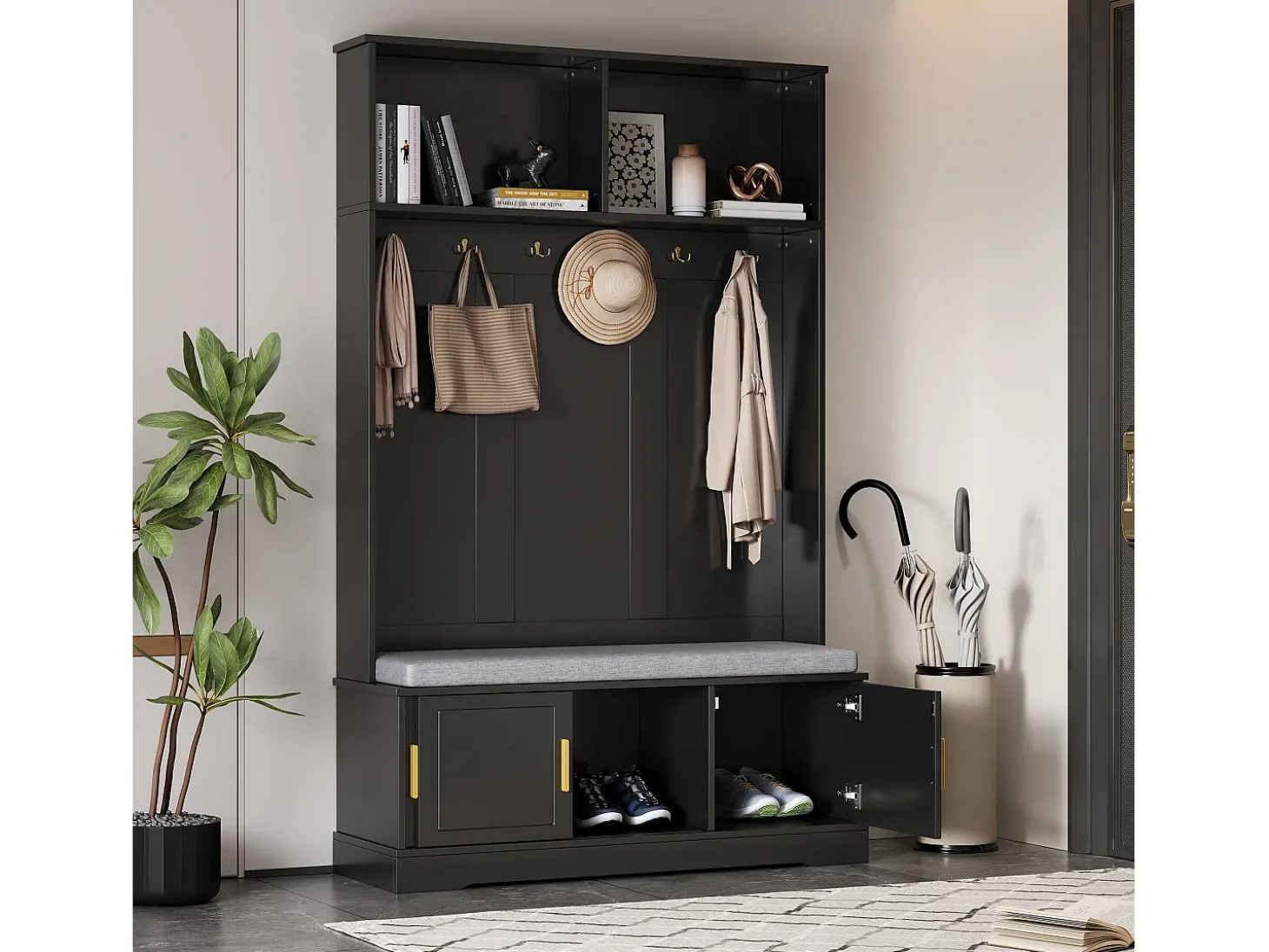 Vestíbulo moderno - con 6 ganchos y 3 puertas - con banco y estantes abiertos - Negro