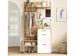 Vestidor 100×38,5×190 cm - con espejo y zapatero - con 1 cajón y 2 compartimentos - blanco + natural