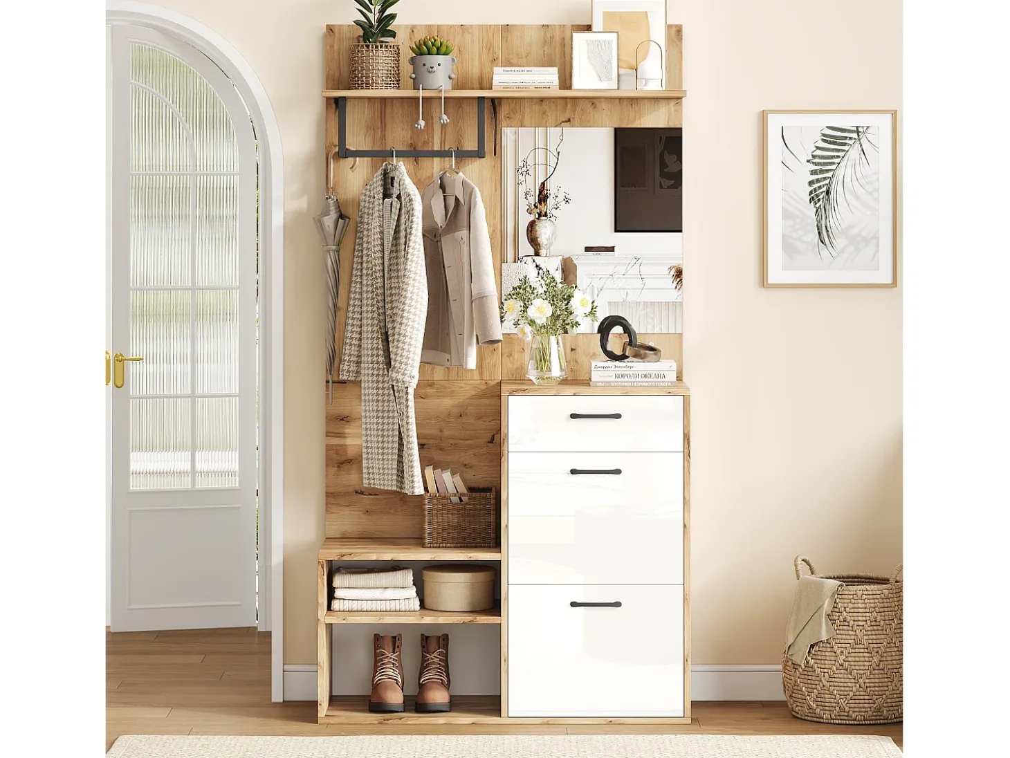 Vestidor 100×38,5×190 cm - con espejo y zapatero - con 1 cajón y 2 compartimentos - blanco + natural