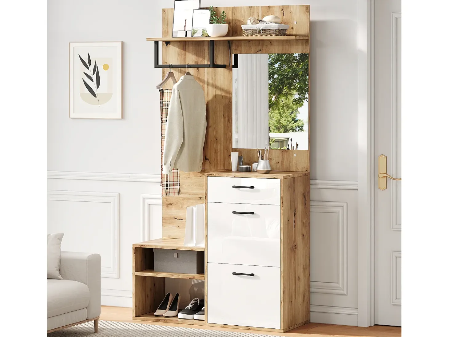 Vestidor 100×38,5×190 cm - con espejo y zapatero - con 1 cajón y 2 compartimentos - blanco + natural