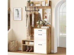 Vestidor 100×38,5×190 cm - con espejo y zapatero - con 1 cajón y 2 compartimentos - blanco + natural