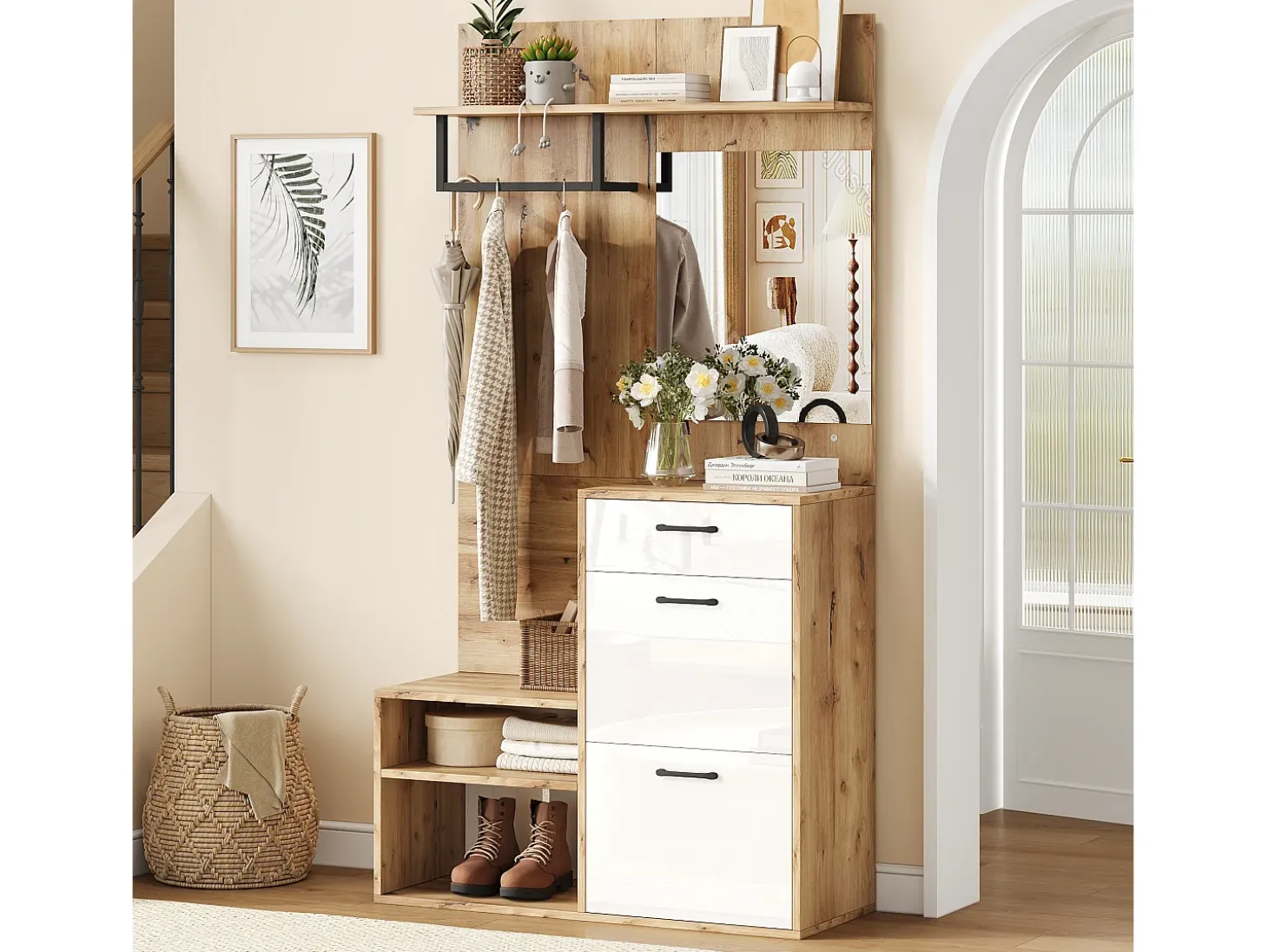 Vestidor 100×38,5×190 cm - con espejo y zapatero - con 1 cajón y 2 compartimentos - blanco + natural