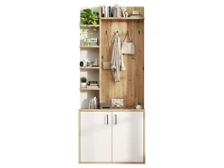 Vestidor 75×33×180 cm - con perchas y zapatero - 5 compartimentos - 2 puertas - natural + blanco